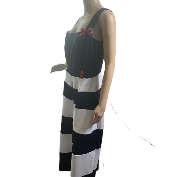 Custom Dark Blue And White Striped Sleeveless Bow Detail Jumpsuit Size M - Picture 14 of 16